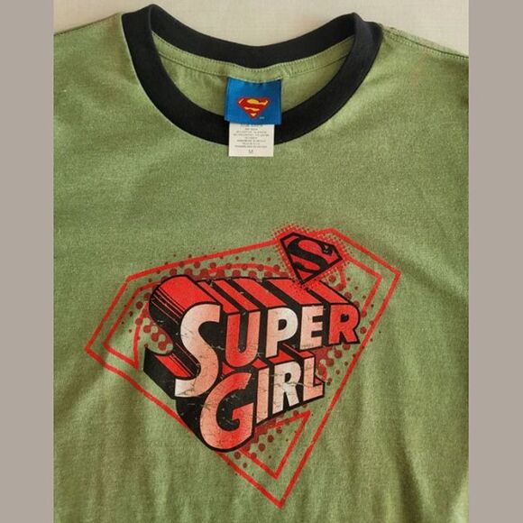 Super Girl Distressed Graphic Ringer Tee Juniors/Women's M - Olive Green New - Picture 4 of 11